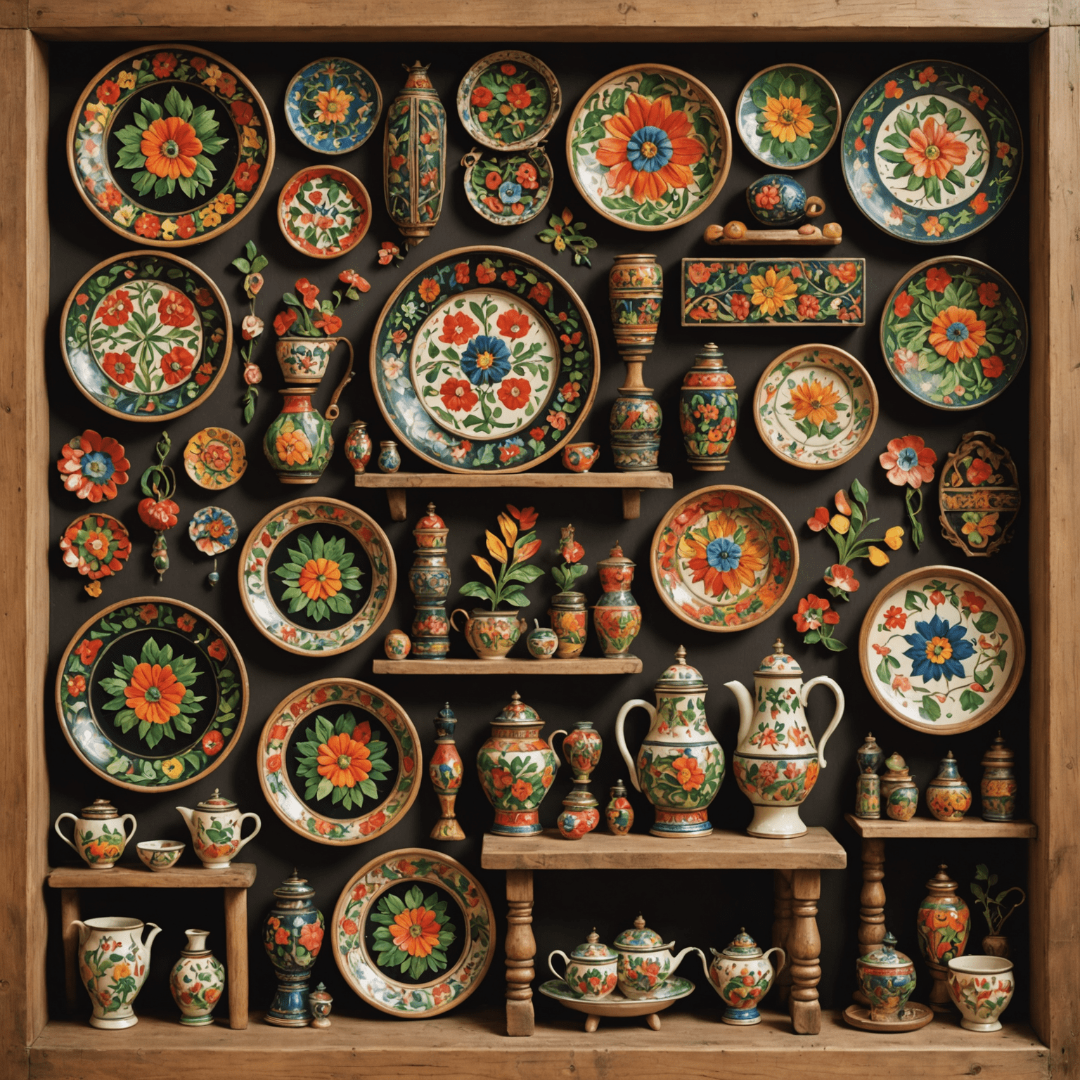 A vibrant display of traditional German folk art pieces including intricate wood carvings, colorful painted furniture, and delicate embroidery work set against a rustic backdrop