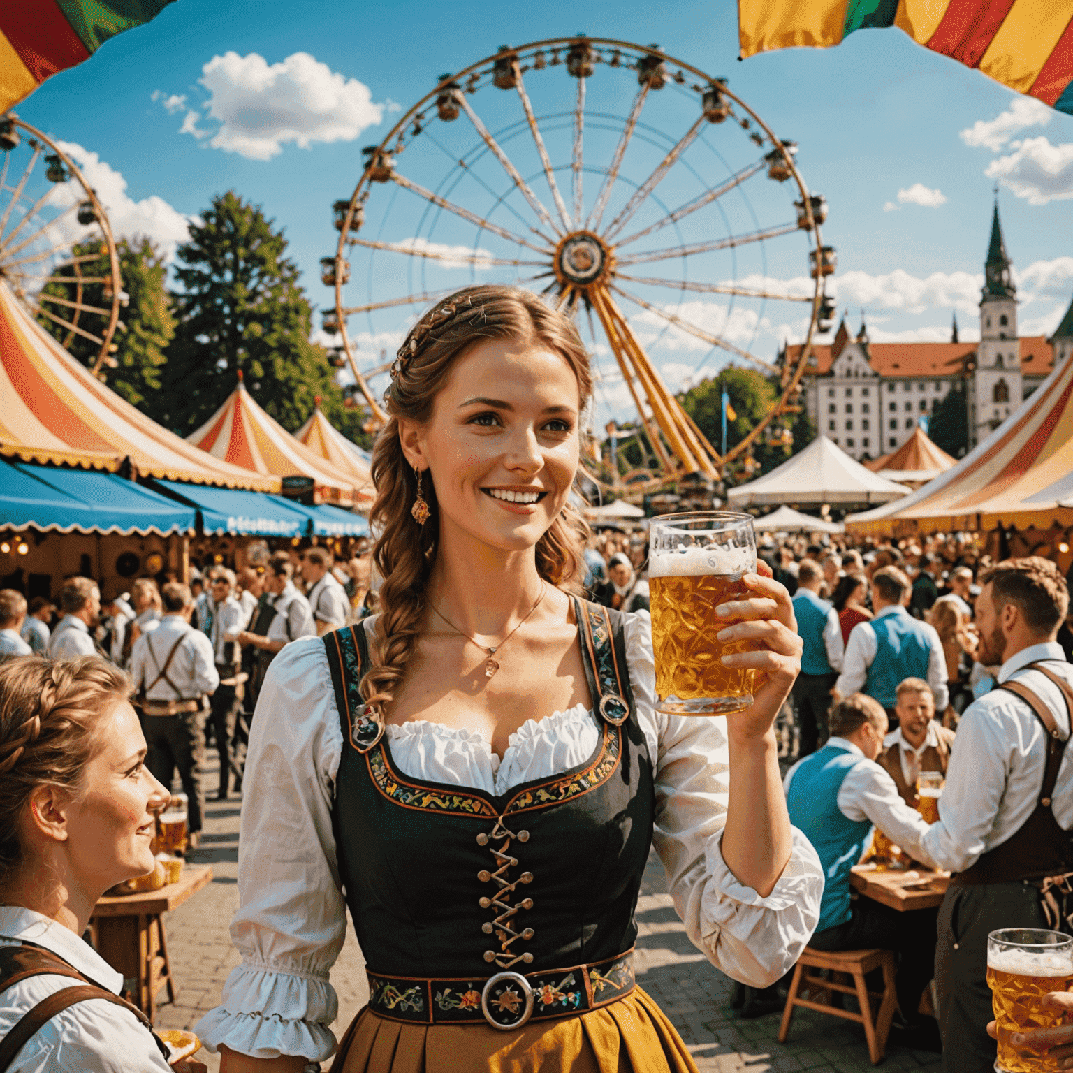 A vibrant scene of Oktoberfest in Munich, with people in traditional Bavarian dress raising beer steins amidst colorful tents and a Ferris wheel in the background