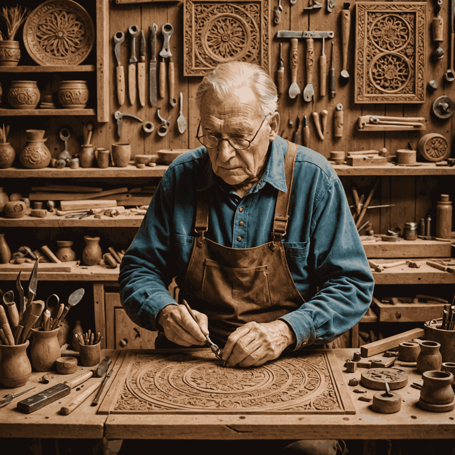 An elderly German craftsman meticulously carving intricate patterns into a wooden panel, surrounded by various traditional tools and half-finished folk art pieces in a rustic workshop