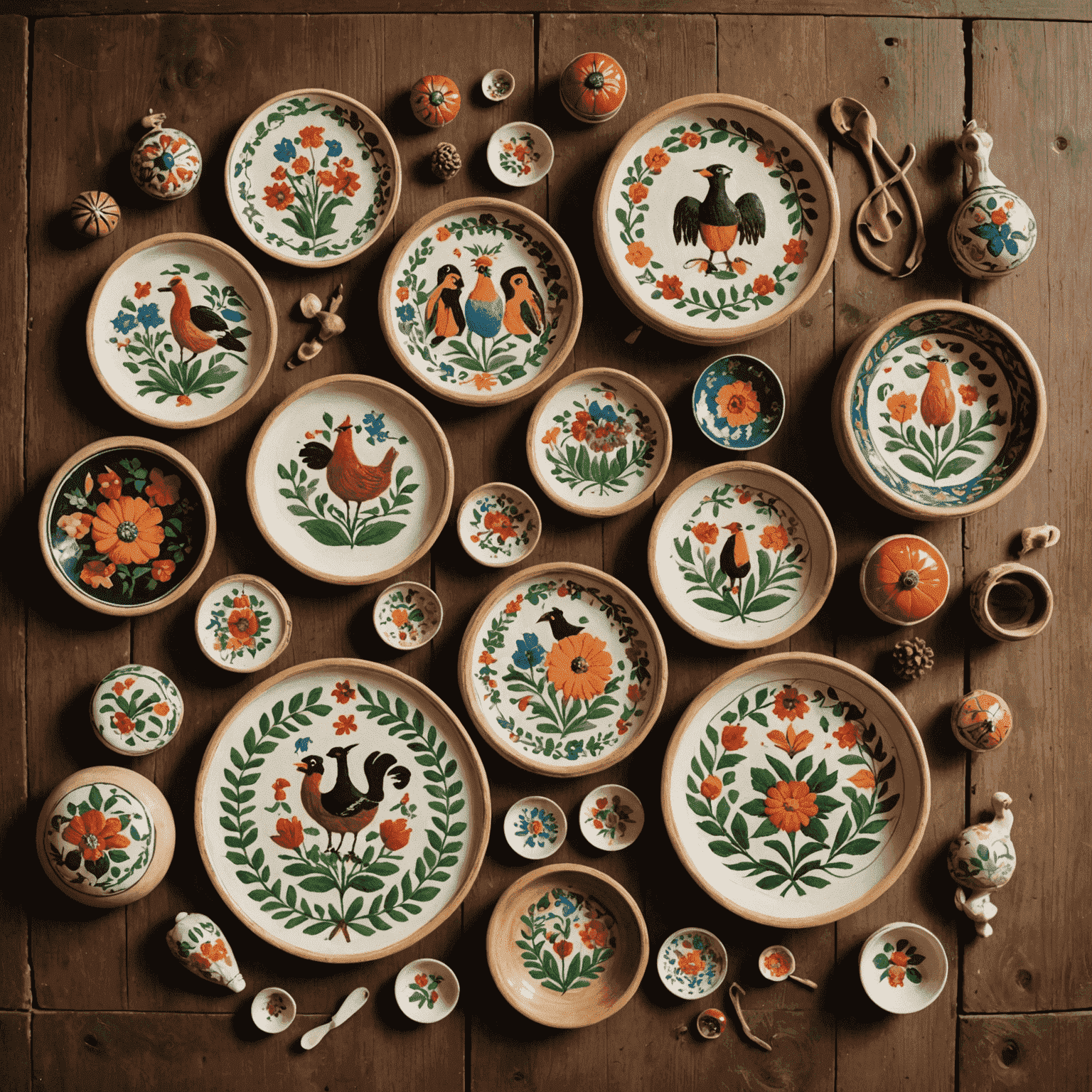 A collection of vintage German folk art pieces including intricate embroidery, hand-painted ceramics, and delicately carved wooden figurines arranged on a rustic wooden table