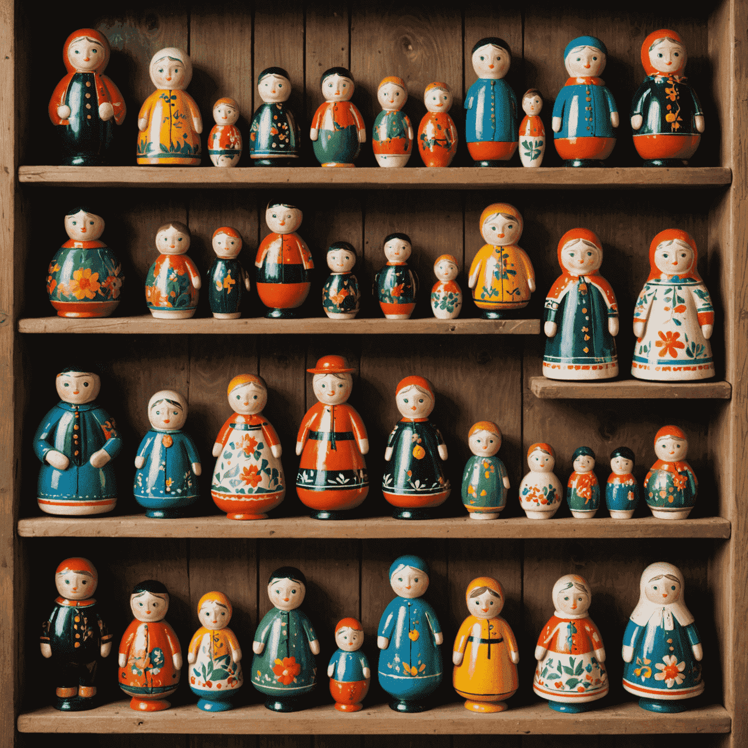 A collection of colorful German folk art pieces including painted wooden figurines, embroidered textiles, and hand-painted ceramics arranged on a rustic wooden shelf