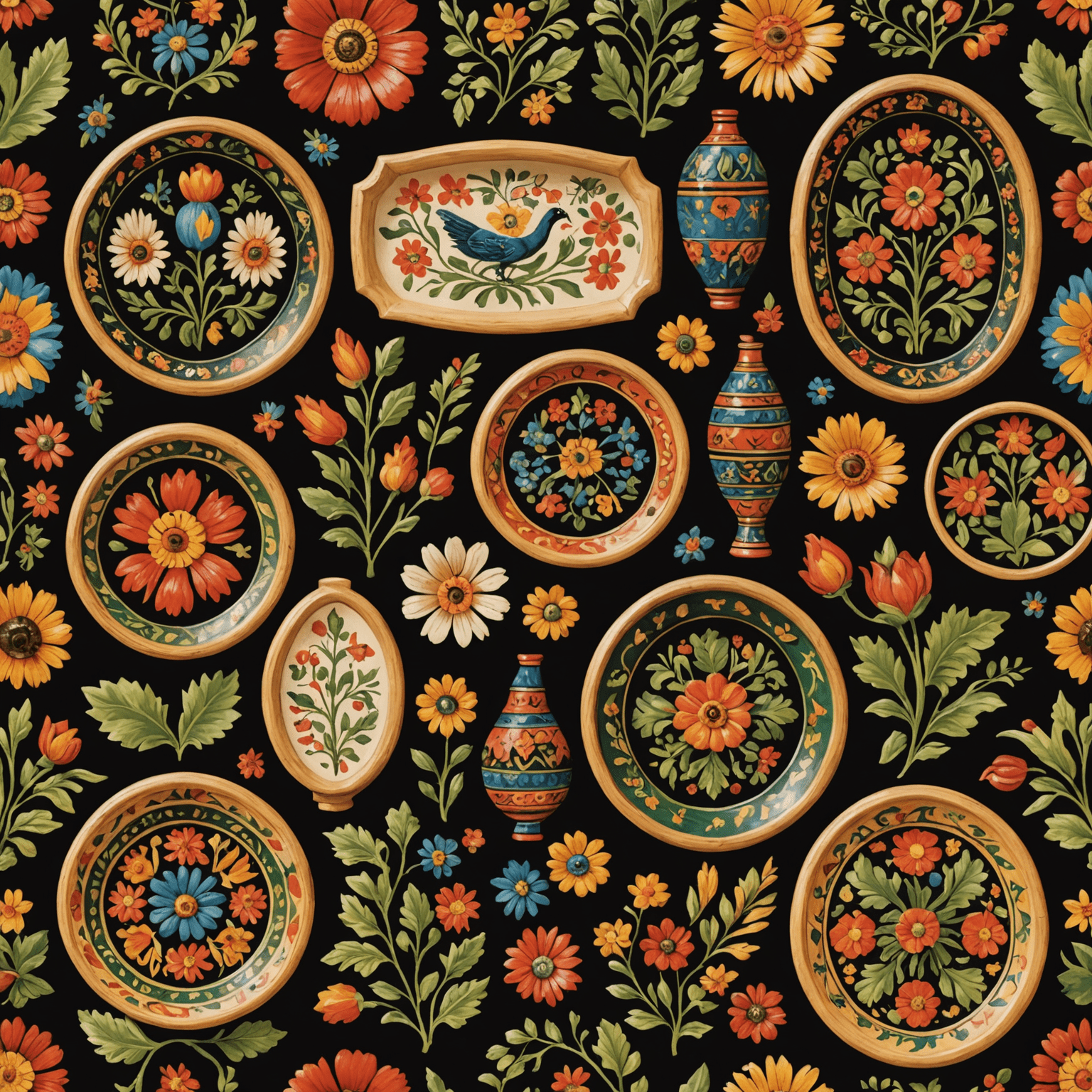 Verschiedene Beispiele traditioneller deutscher Volkskunst, darunter filigrane Holzschnitzereien, bunt bemalte Möbel und handgewebte Textilien, die die Vielfalt und den Detailreichtum dieser Kunstform zeigen.
