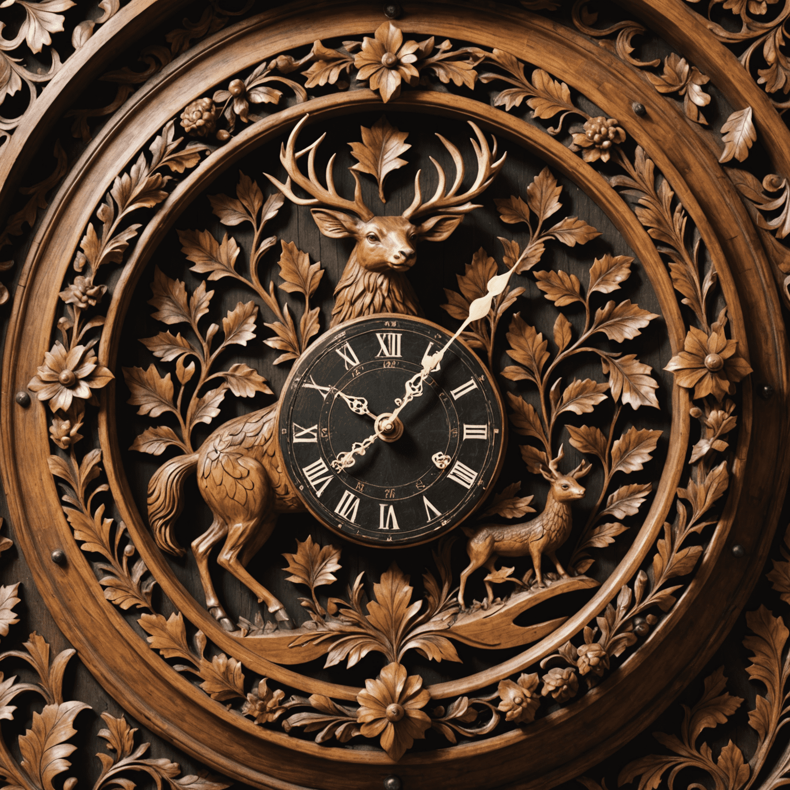 Close-up of an intricately carved wooden clock from the Black Forest region, showcasing delicate leaf and animal motifs