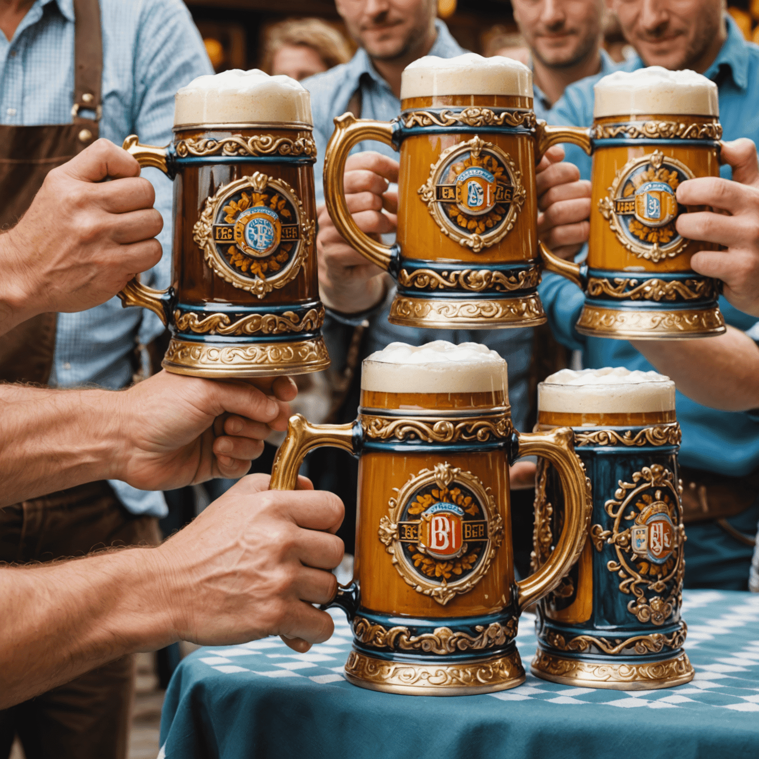 A close-up of hands holding ornate, hand-painted ceramic beer steins filled with frothy beer at Oktoberfest