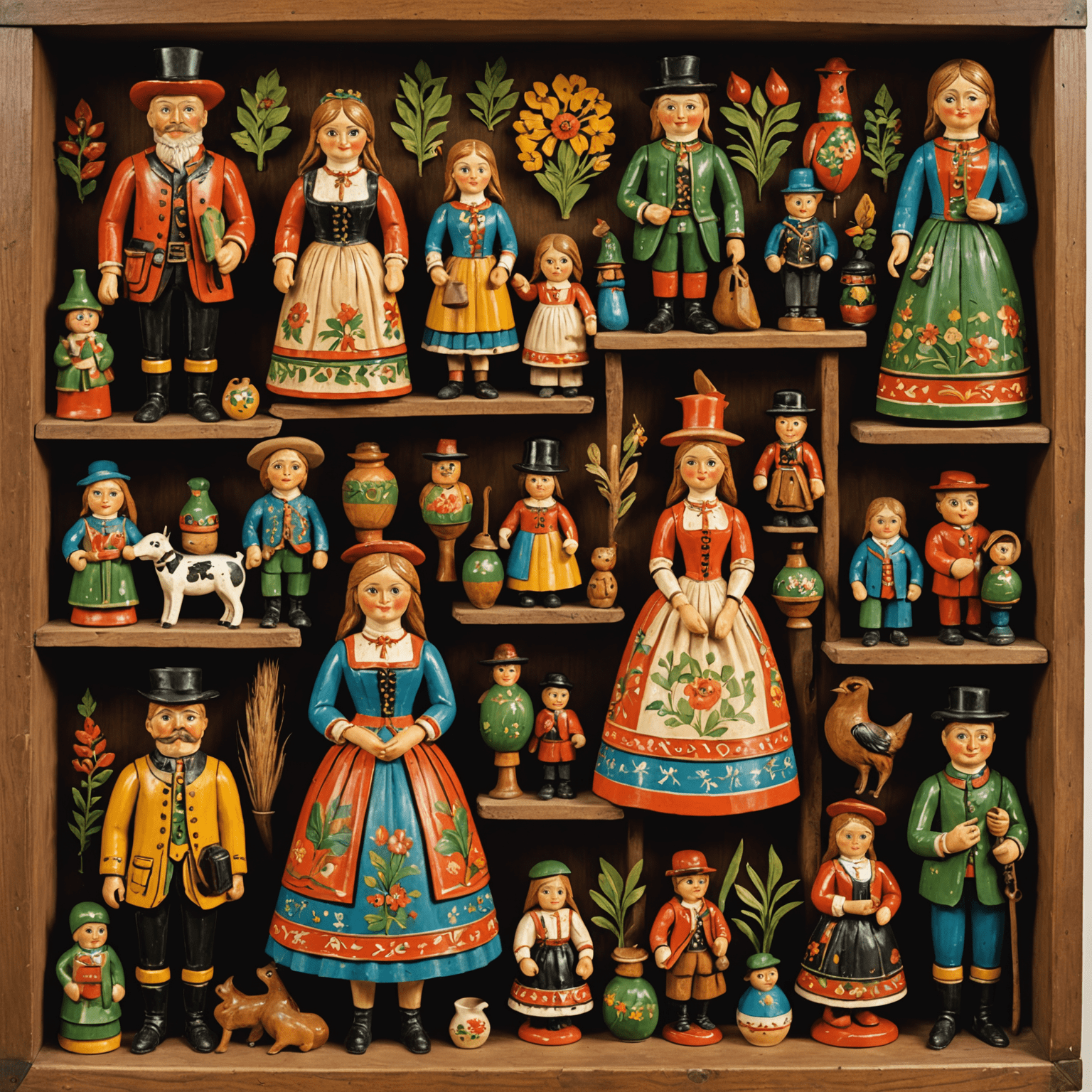Verschiedene traditionelle deutsche Volkskunstwerke, darunter filigrane Holzschnitzereien und bunt bemalte Möbelstücke, die die reiche Geschichte und Vielfalt der deutschen Volkskunst zeigen