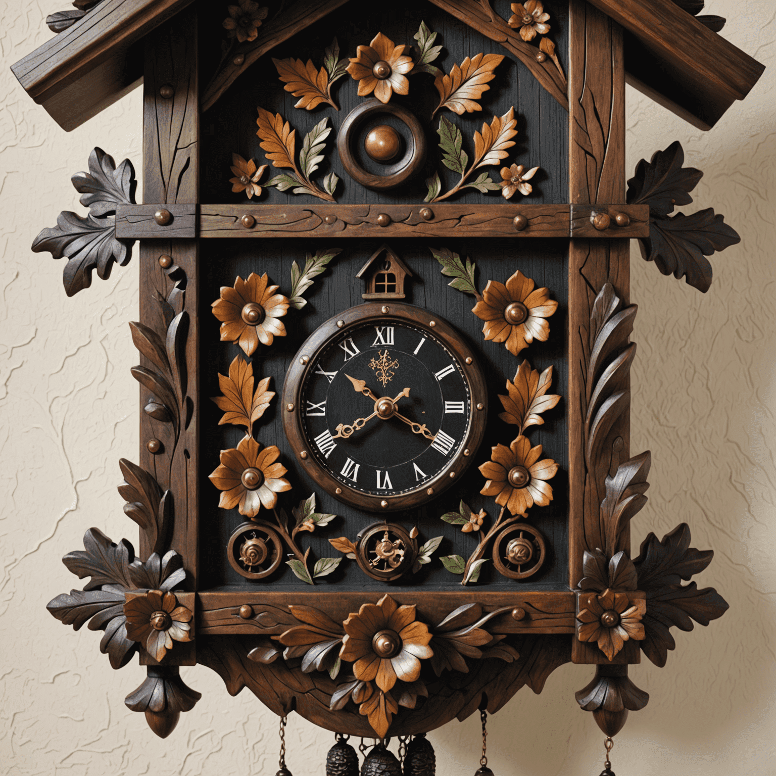 Detailaufnahme einer kunstvoll geschnitzten Schwarzwälder Kuckucksuhr mit filigranen Blumen- und Tiermotiven