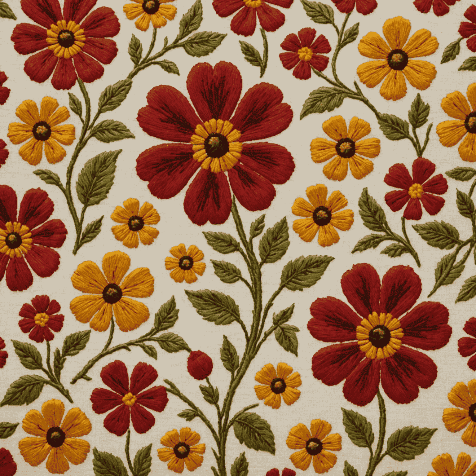 Close-up of a vintage German embroidered textile featuring intricate floral patterns in deep red and mustard yellow threads on a cream-colored linen background