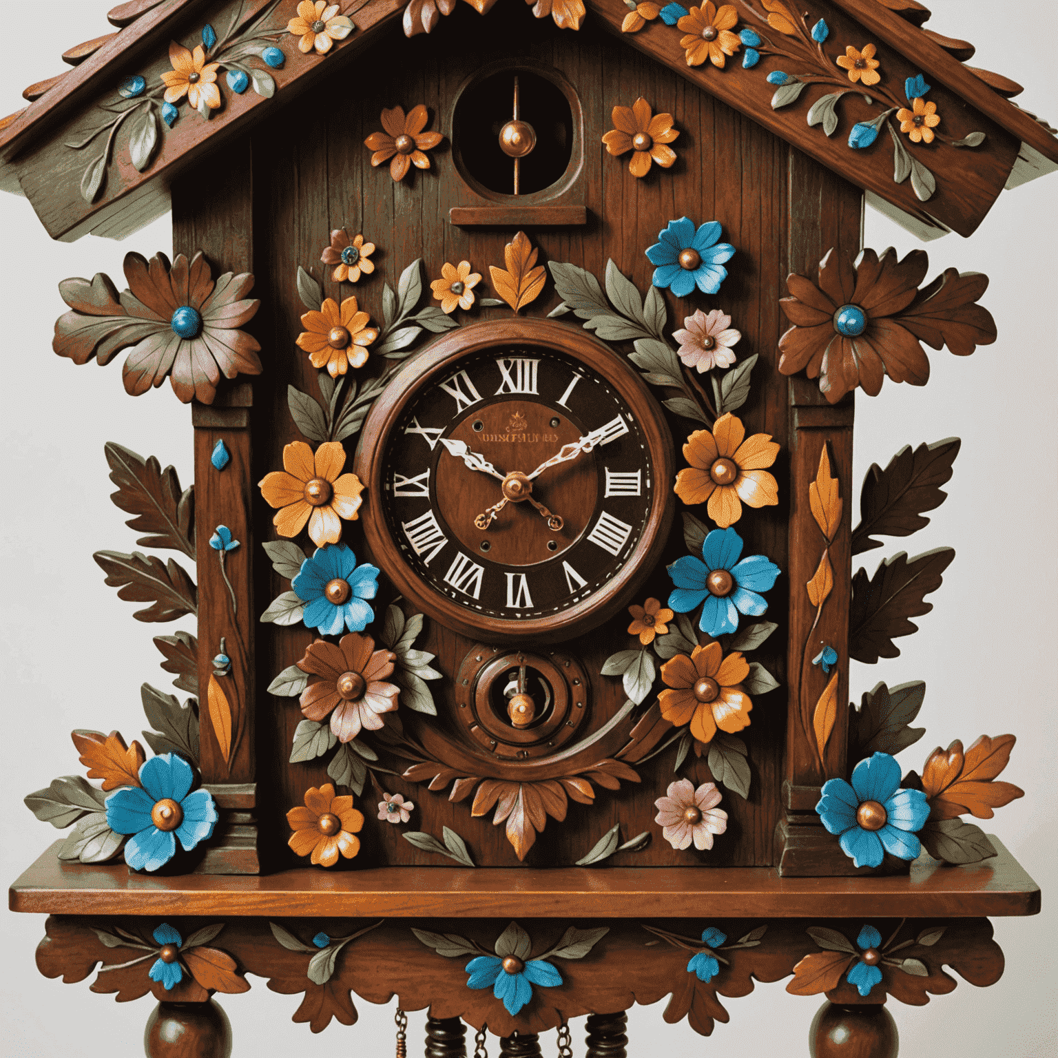 A close-up of an intricately painted German cuckoo clock with hand-carved wooden details and colorful floral motifs