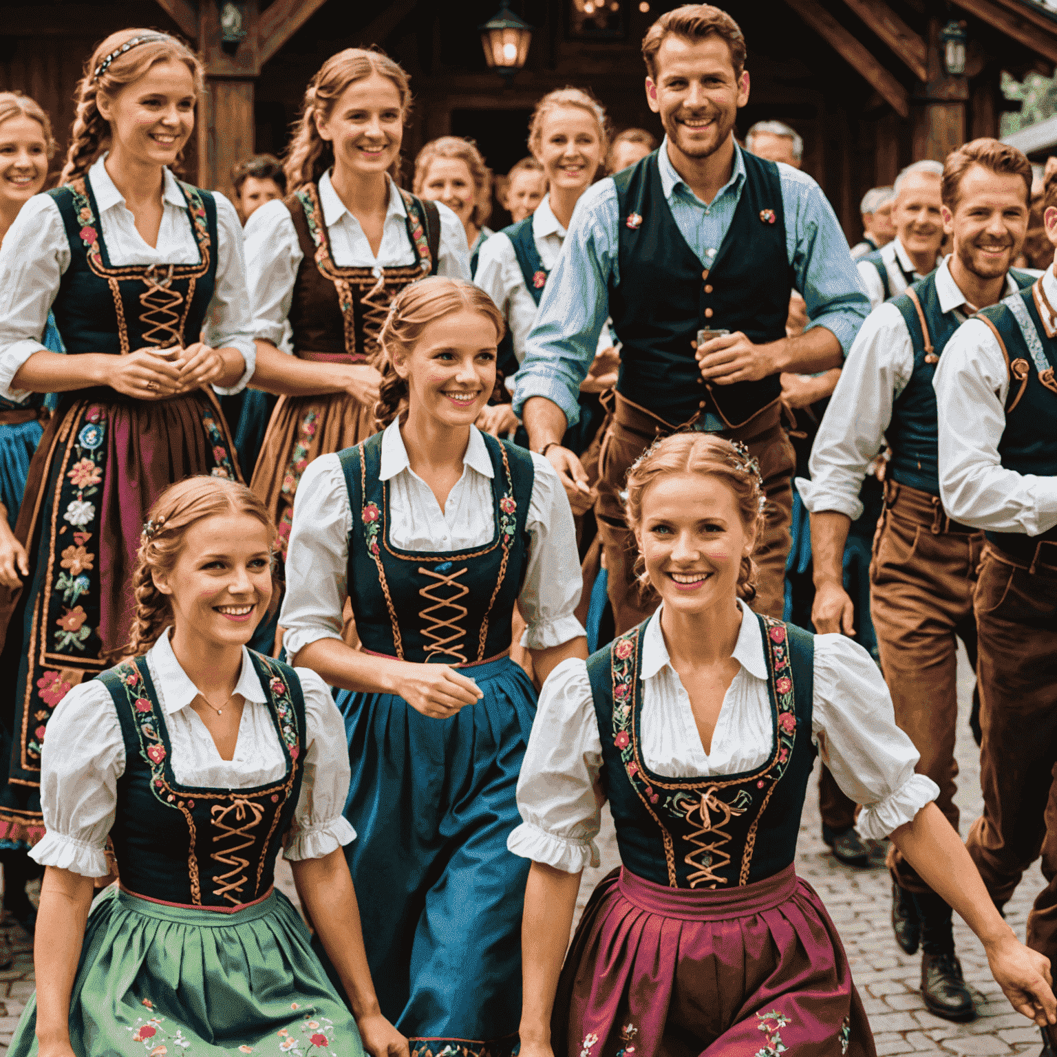 A group of people in colorful, intricately embroidered dirndls and lederhosen dancing to traditional Bavarian music