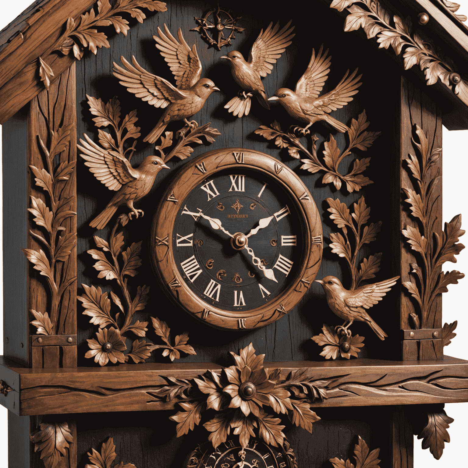 A close-up of an ornate Black Forest cuckoo clock with hand-carved details and nature motifs