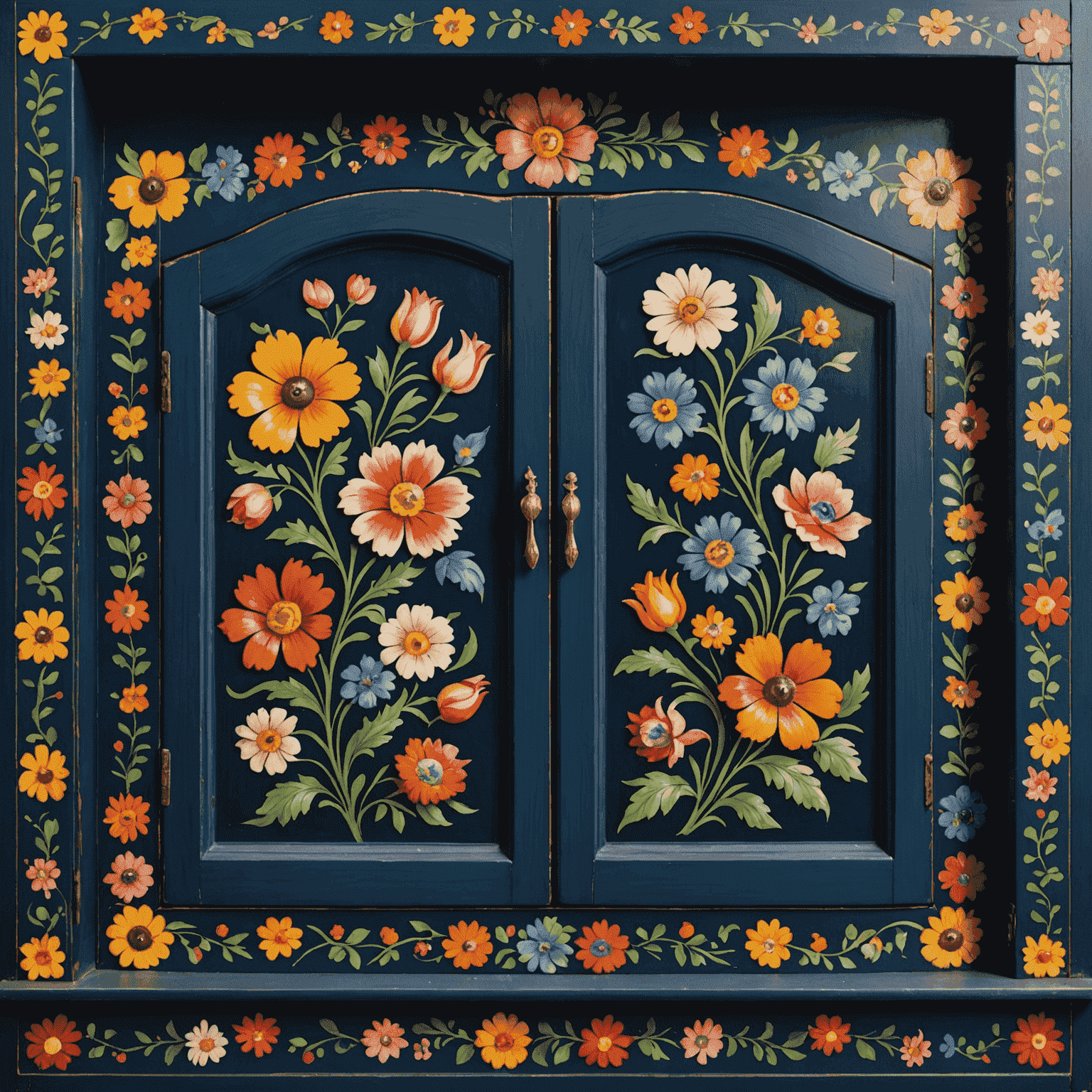 Ein reich verzierter Bauernschrank aus Bayern mit leuchtend bunten Blumenmustern auf dunkelblauem Grund