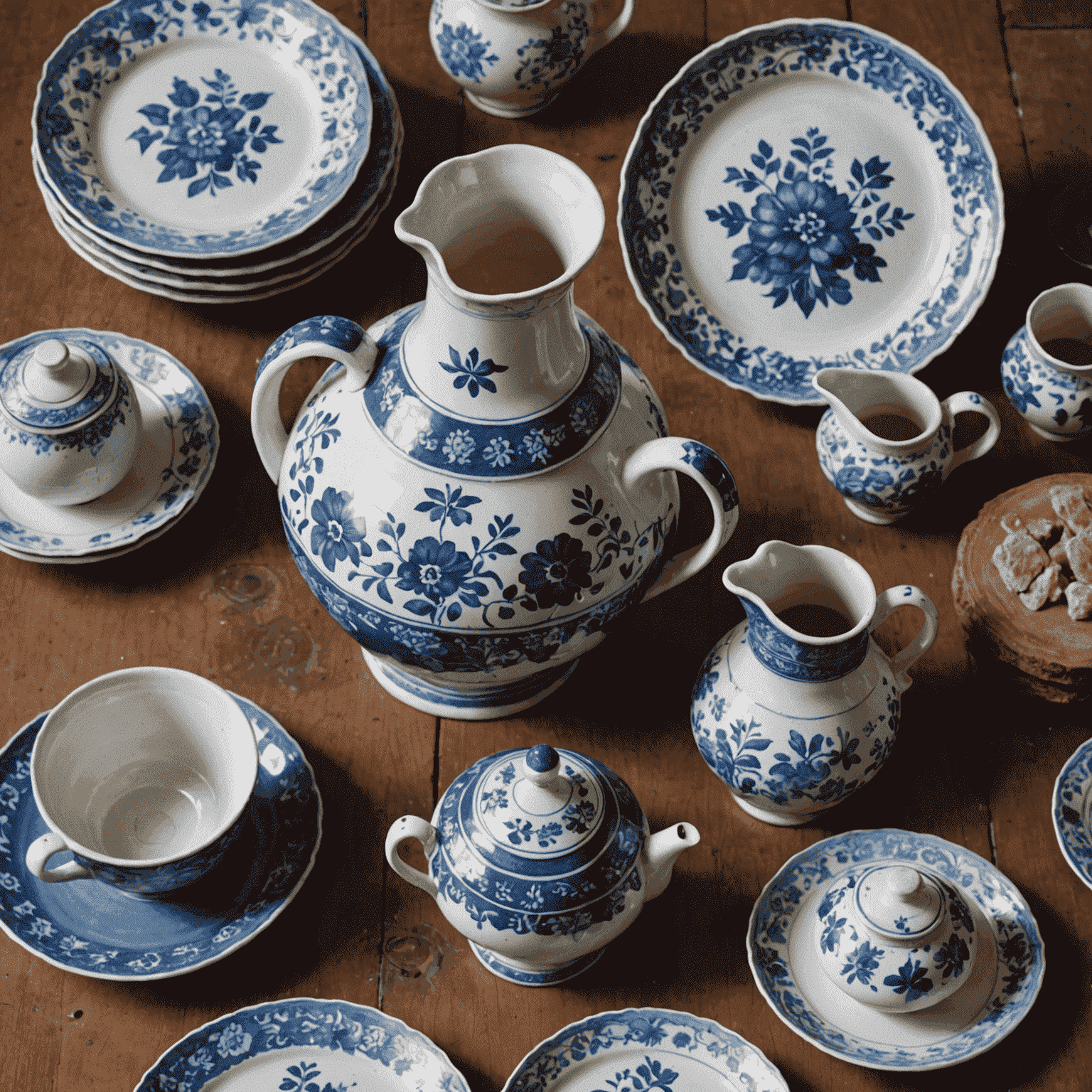 A collection of vintage German ceramic pieces including a large blue and gray salt-glazed stoneware jug, hand-painted plates with floral motifs, and small decorative figurines