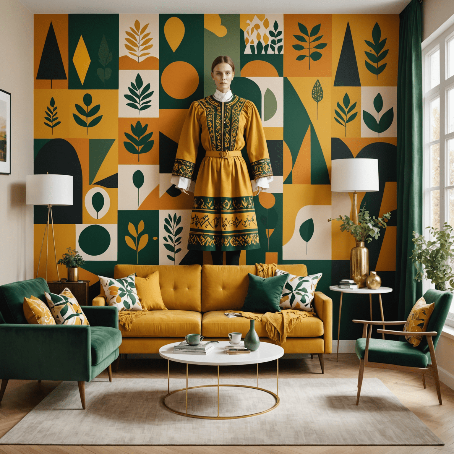 Ein modernes Wohnzimmer mit einer Wand, die mit einer großflächigen, abstrakten Interpretation traditioneller deutscher Trachtenmustern bemalt ist. Die Farben sind warm und erdig, mit Akzenten in Senfgelb und Waldgrün.