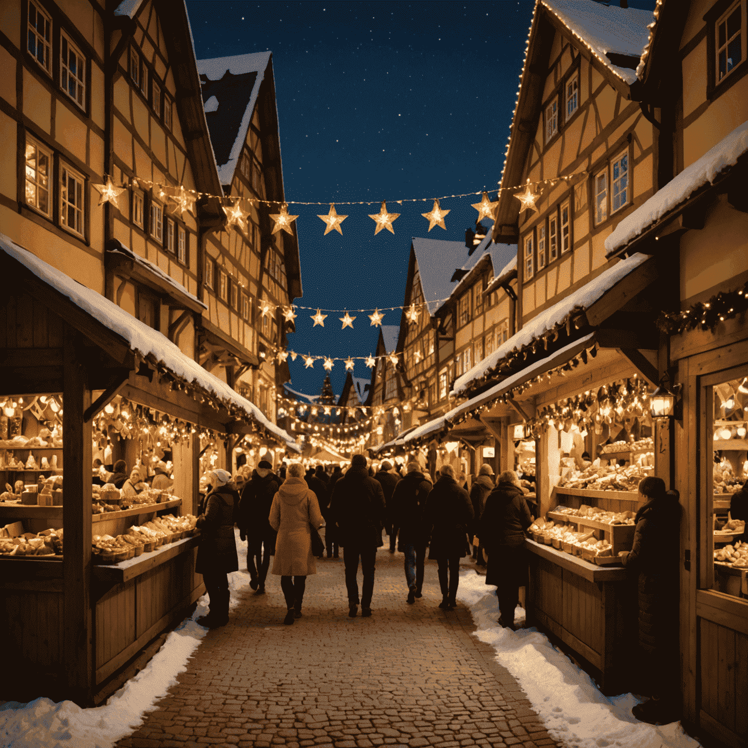 A picturesque night scene of a German Christmas market with wooden stalls adorned with twinkling lights, selling handcrafted ornaments and traditional foods