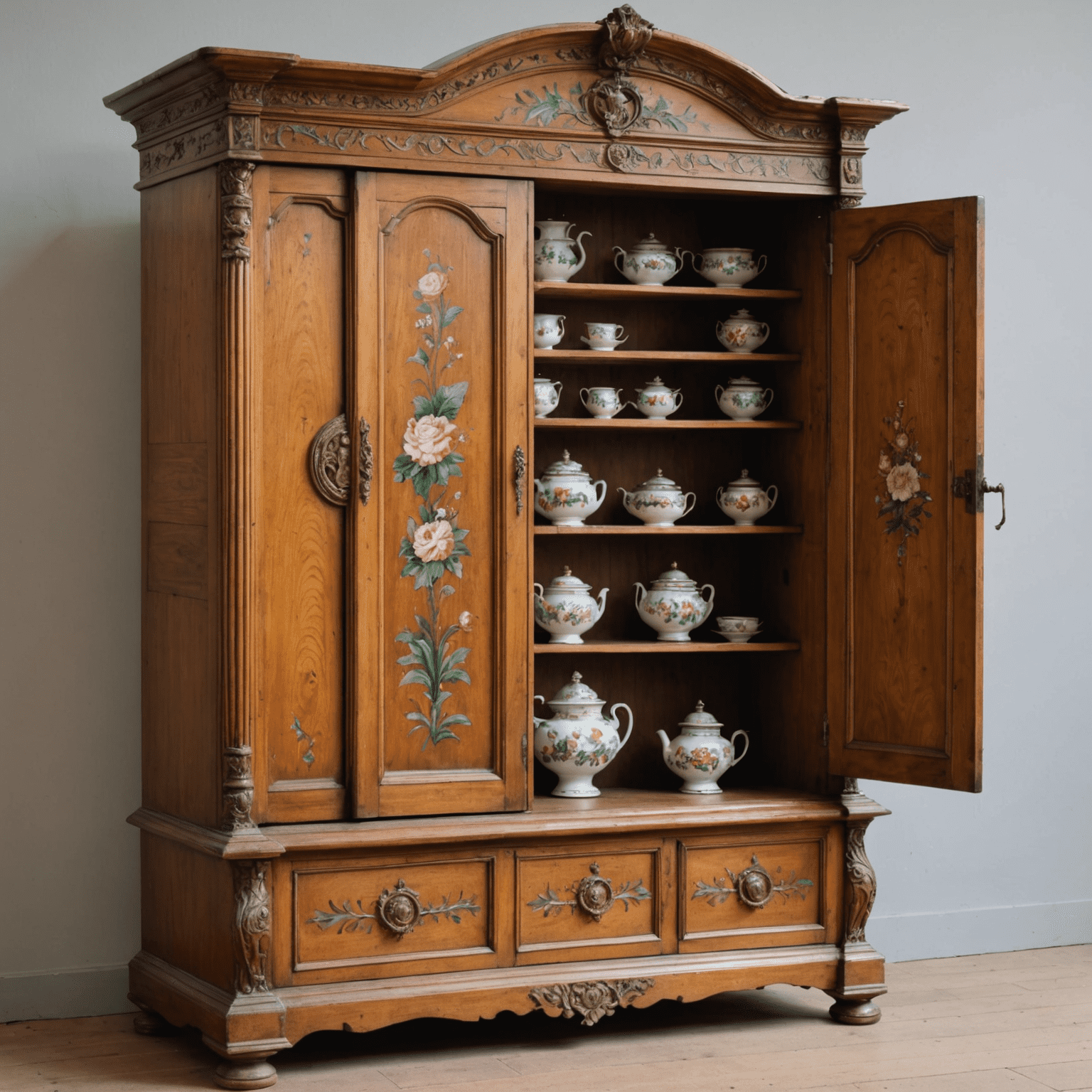 A beautifully preserved vintage German armoire with hand-painted floral motifs and intricate brass fittings
