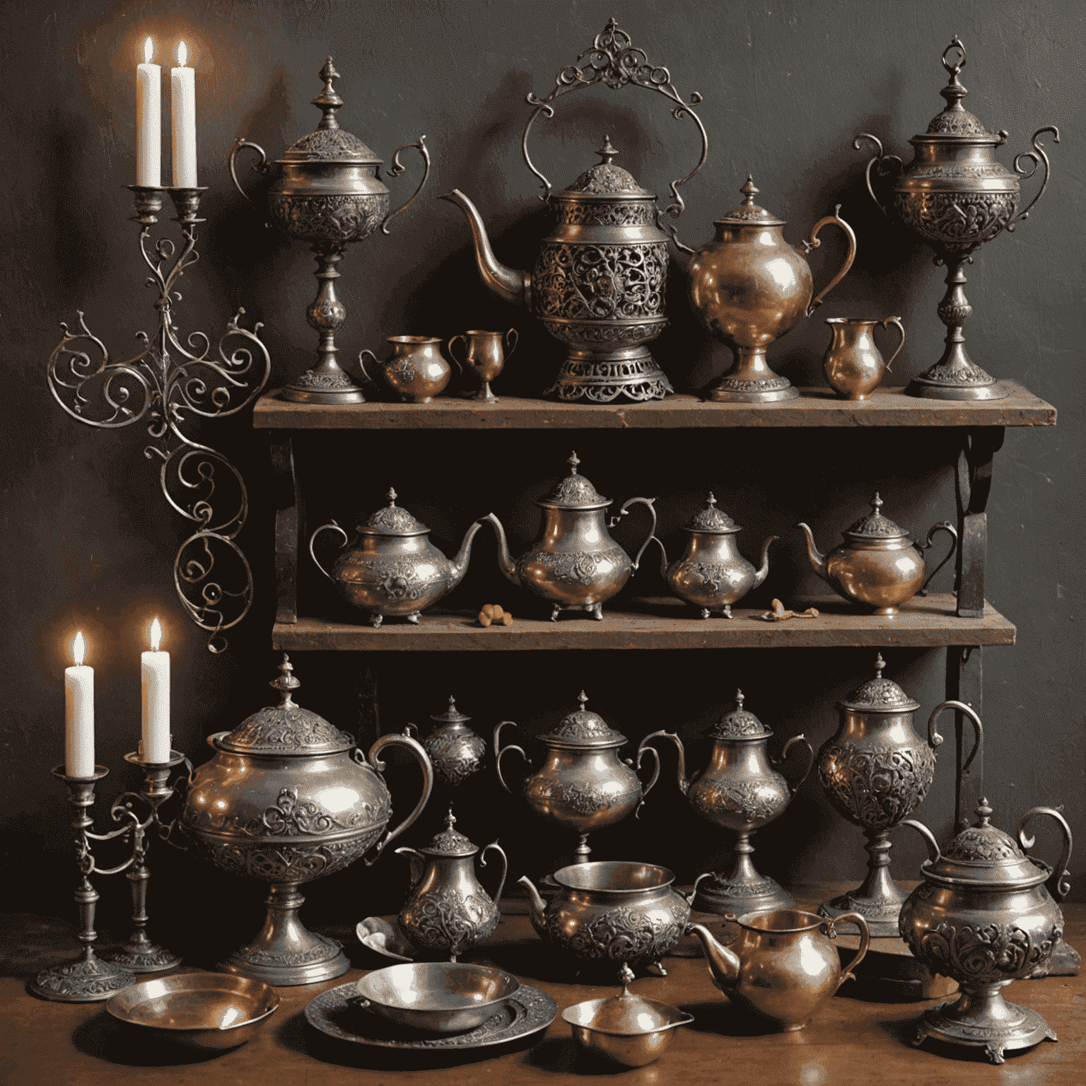 A display of vintage German metalwork including an intricately designed wrought iron candelabra, filigree silver brooches, and a hand-forged copper kettle with elaborate engravings
