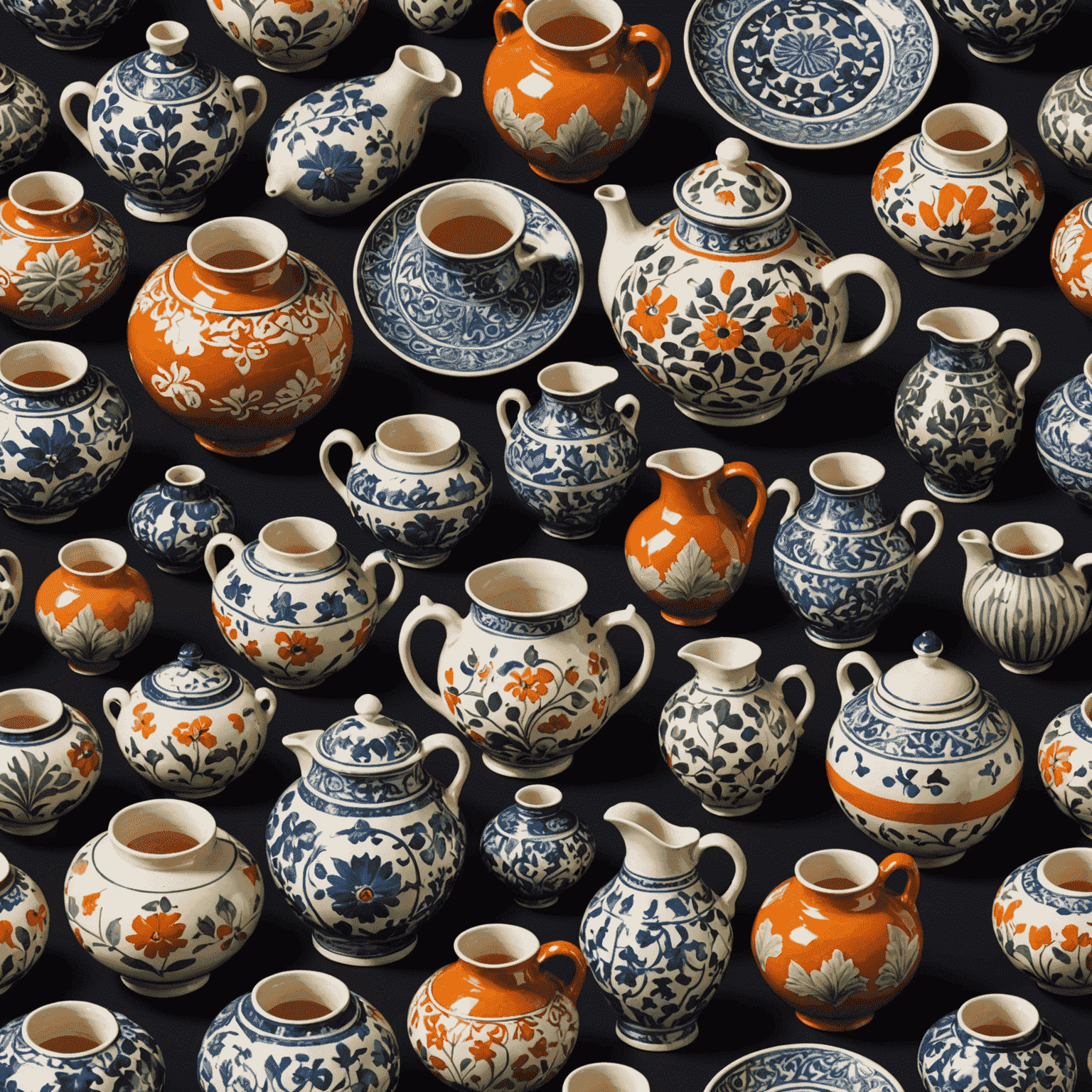 Collection of colorful Franconian pottery with distinctive patterns and shapes
