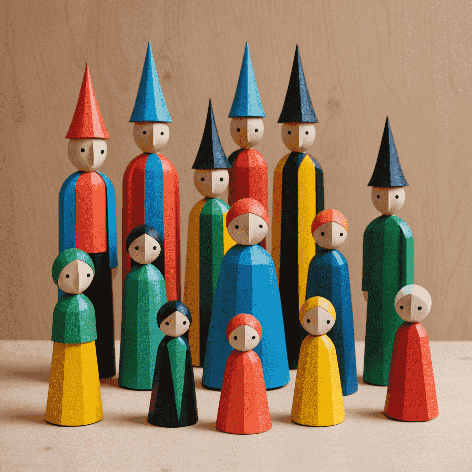 Eine Reihe handgefertigter Holzfiguren, die traditionelle deutsche Märchenfiguren in einem modernen, minimalistischen Stil darstellen. Die Figuren sind in leuchtenden Farben bemalt und haben klare, geometrische Formen.