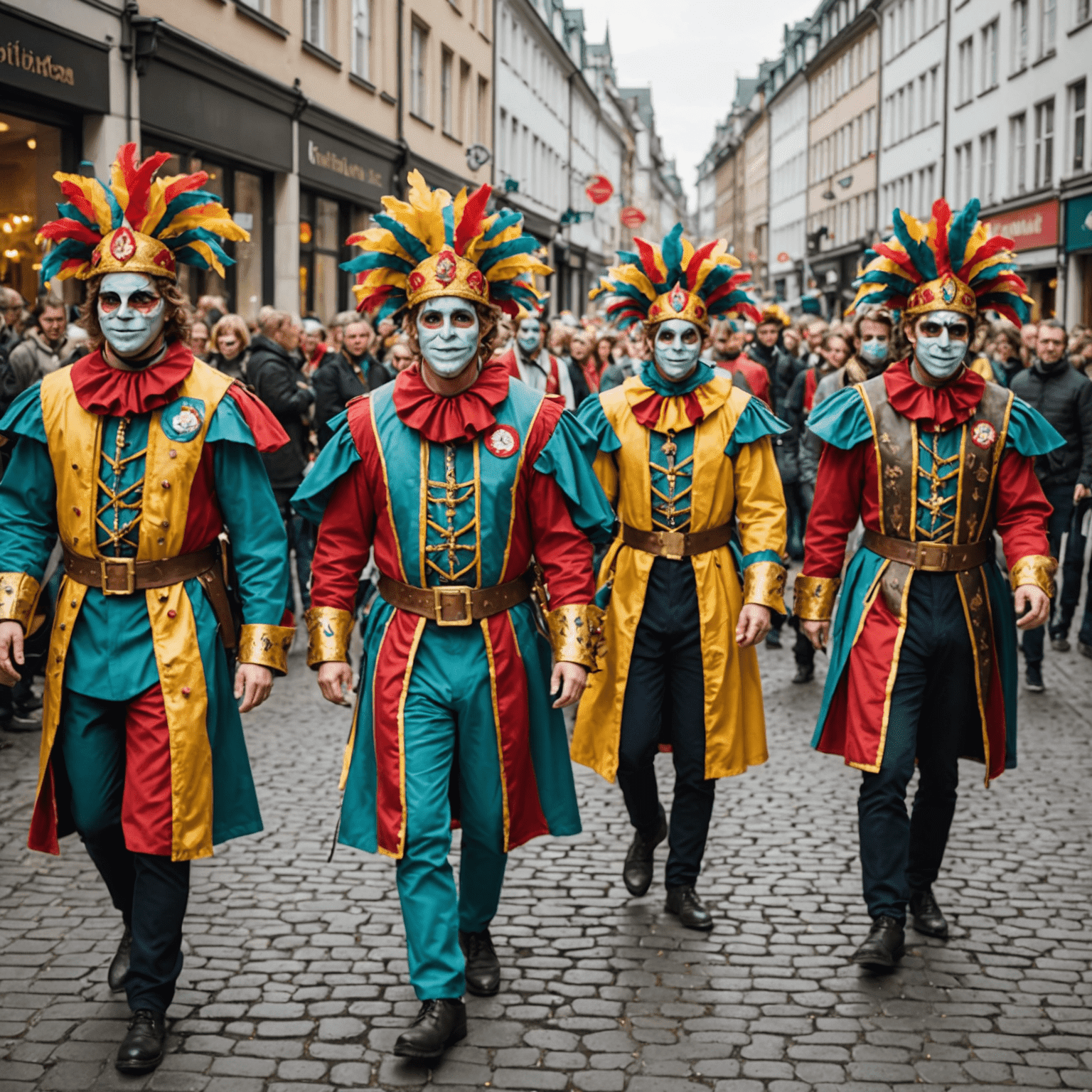 A group of people in elaborate, colorful costumes and masks participating in a Karneval parade in Cologne