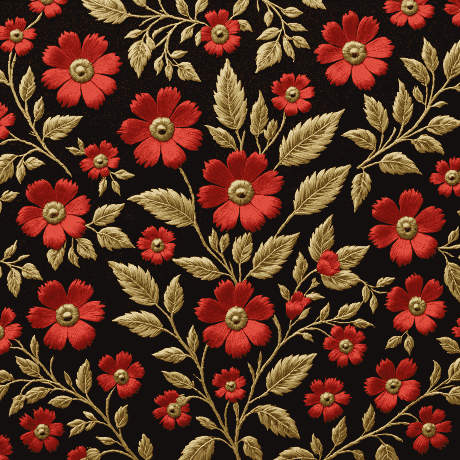 Nahaufnahme einer handbestickten Tracht aus dem Schwarzwald mit komplexen Blumenmotiven in Rot- und Goldtönen