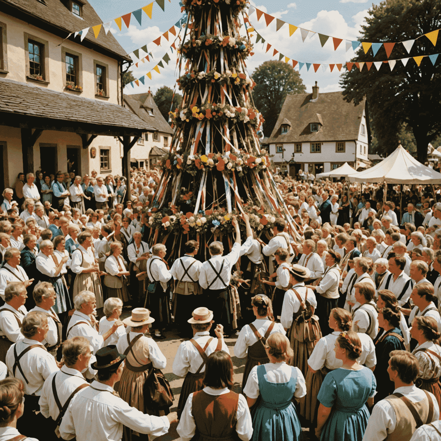 A traditional maypole decorated with ribbons and flowers, surrounded by people in folk costumes during a Maifest celebration